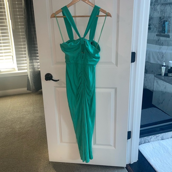 REBECCA VALLANCE Riccardo Ruched Cutout Jersey Midi Dress {$590} Turquoise Sz 2 - Picture 2 of 8